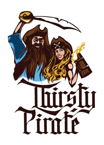 Thirsty Pirate Beach Bar full-colour logo — a pirate couple raising a drink above the Thirsty Pirate name