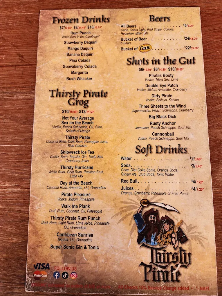 Thirsty Pirate printed cocktail menu of frozen drinks, signature grog, beers, shots and soft drinks