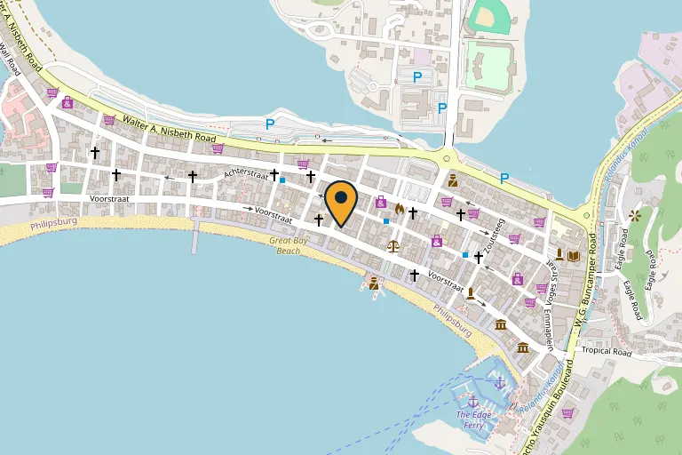 Map showing Thirsty Pirate Beach Bar on Front Street along the Great Bay boardwalk in Philipsburg, Sint Maarten